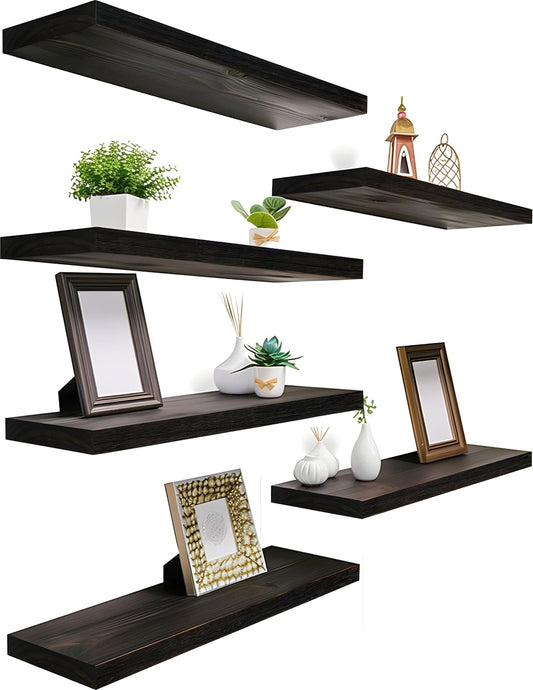 Wood Floating Shelves for Wall Decor, Rustic Wall Shelves for Bedroom Bathroom Kitchen Living Room, Set of 6 Walnut