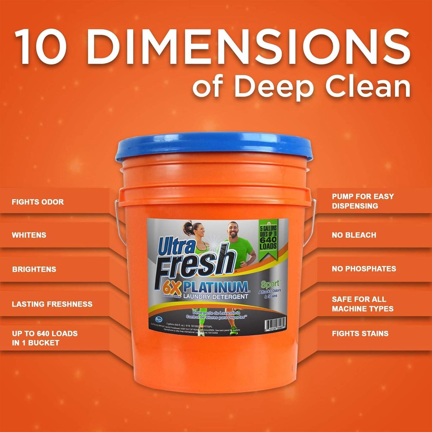 Ultra Fresh 5 Gallon Liquid Laundry Detergent Washing Soap for All Machine Types, 6X Platinum, Up to 640 Loads, Sport Odor & Stain Remover