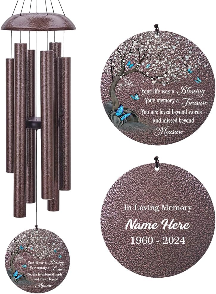 Personalized Wind Chimes, Blue Butterfly Sympathy Wind Chime, in Loving Memory for Loss of Loved Dad/Mom, Metal Large Memorial Condolences Gifts, 36inch Deep Tone Wind Chime