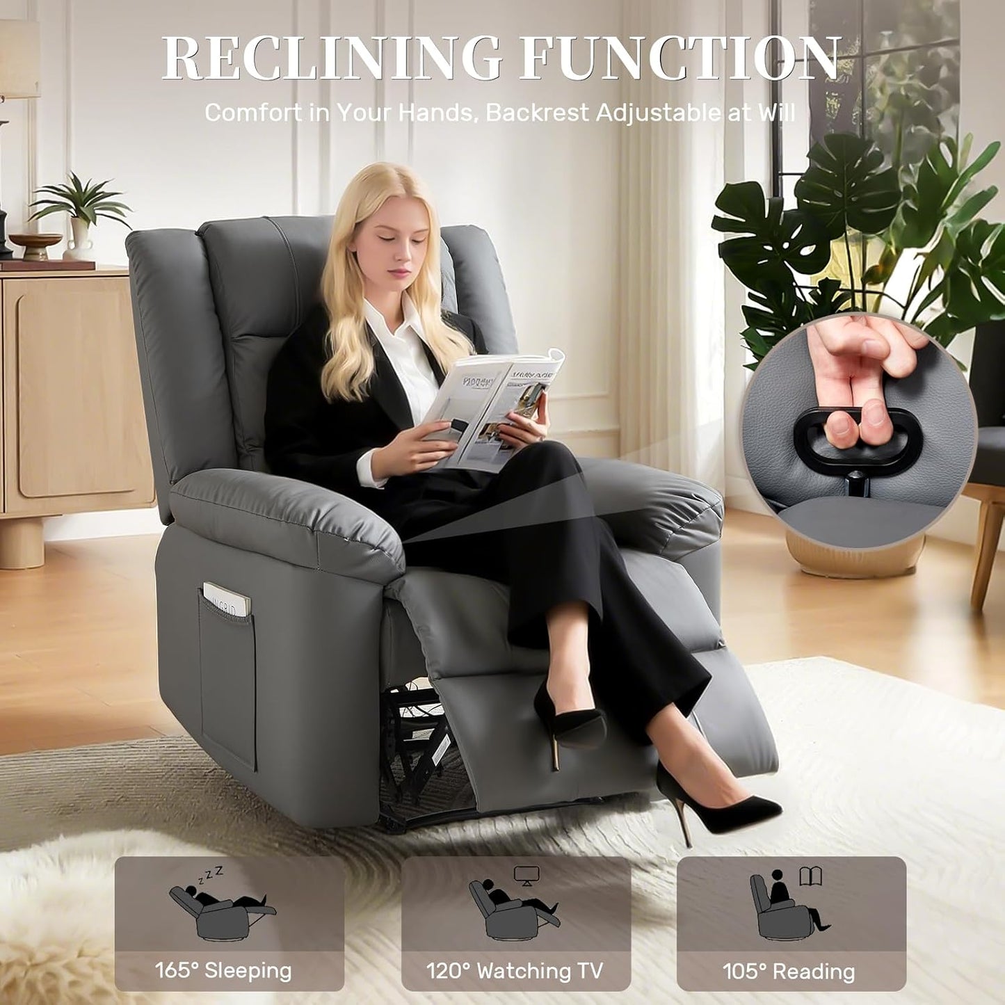 Recliner Chair with Massage & Heat, 8 Vibration Points, 5 Modes, 115-165° Reclining, Manual Recliner for Adults, Timer & Intensity Control, Faux Leather Massage Chair with Side Pocket for Living Room
