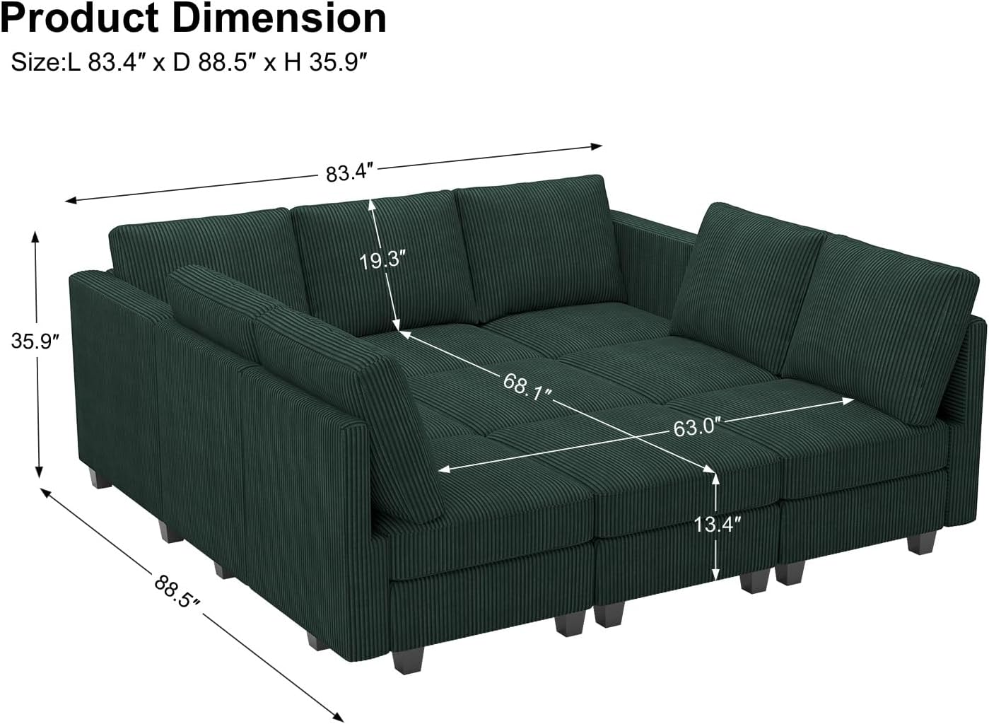 Belffin Corduroy Modular Sectional Sofa 9 Seat Convertible Sectional Sleeper Sofa Bed with Storage Ottomans Modular Sectional Couch Bed for Living Room Green