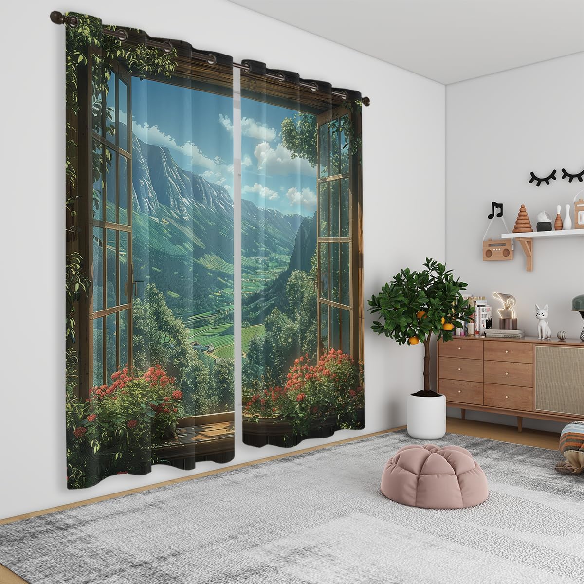 Mountain Blackout Curtains for Girls Boys Teens Home Decor, Spring Sky View Nature Forest Flower Grommet Thermal Insulated Drapes Darkening Window Curtain for Bedroom Living Room, 42 x 45 Inch