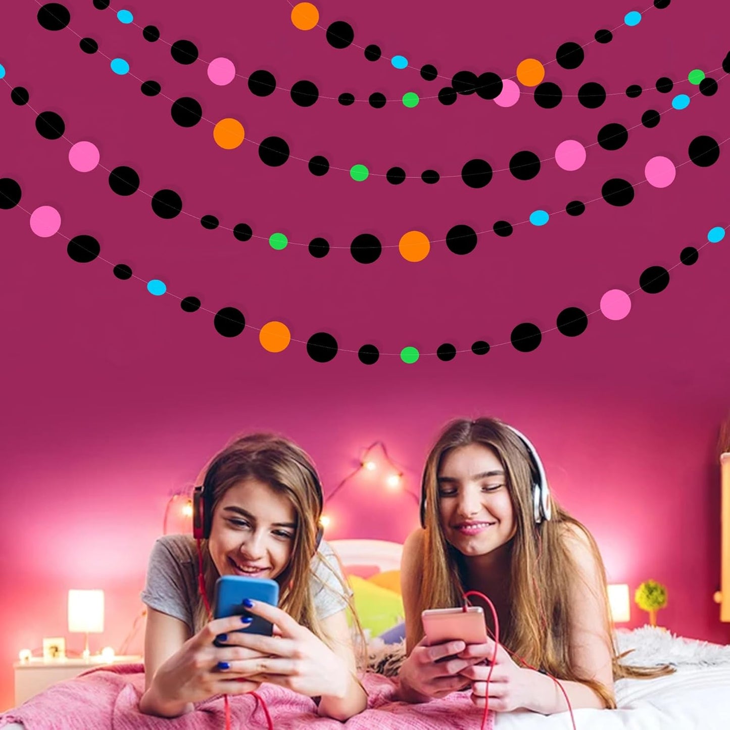 Black and Colorful Circle Dots Hanging Paper Streamer Black Multi-Color Polka Dot Banner for Birthday Bachelorette Wedding Baby Shower Fiesta Disco Halloween Party Decorations Supplies