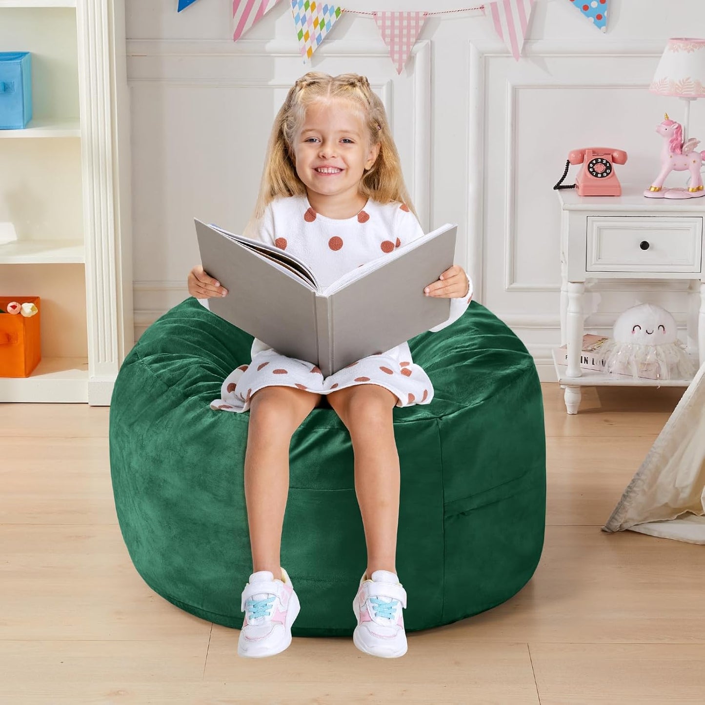 Bean Bag Chairs for Kids - Memory Foam Furniture BeanBag Chair - Kids/Teens Sofa with Soft Micro Fiber Cover - Round Fluffy Couch for Living Room Bedroom College Dorm - 2.5 ft, Green