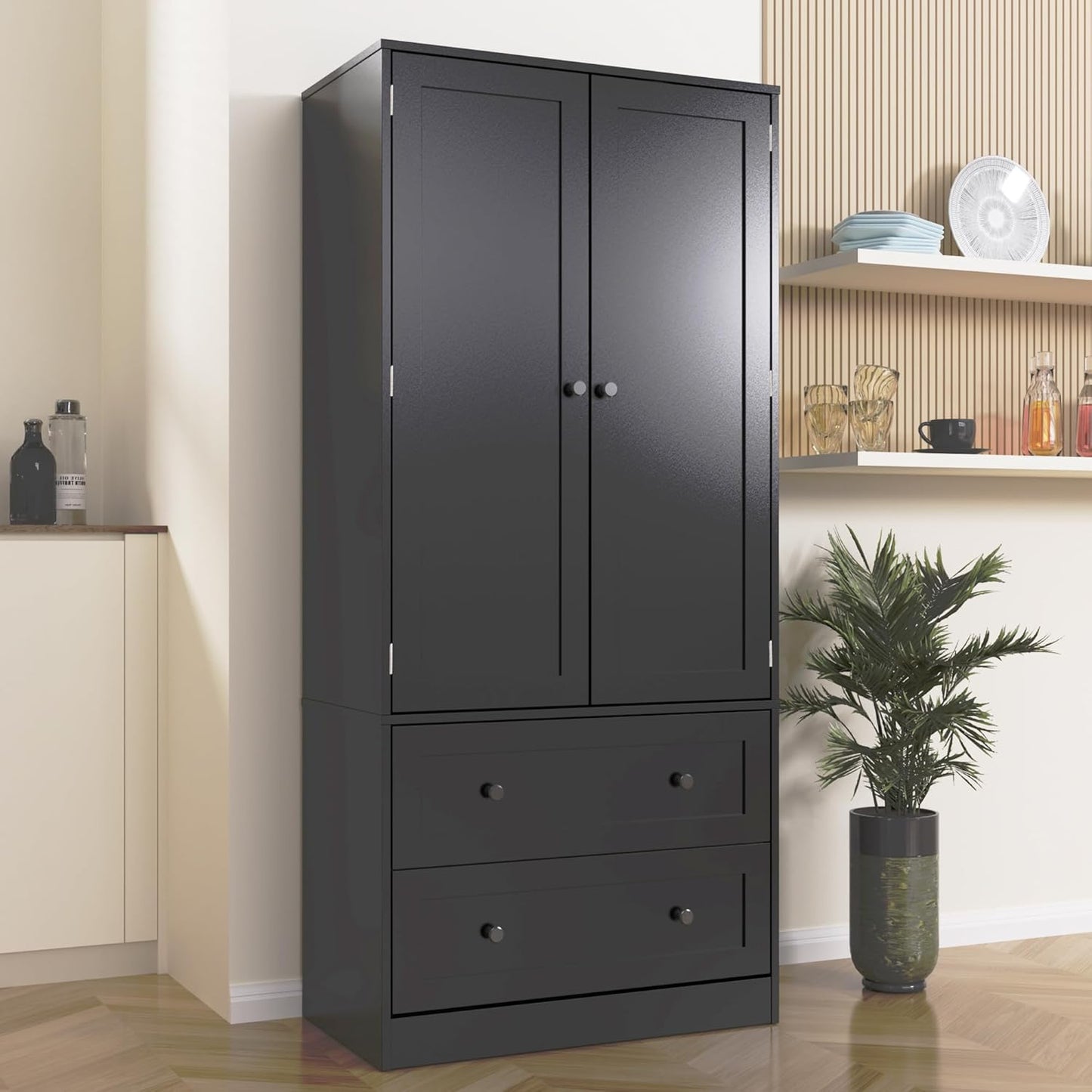 64.2" Tall Black Kitchen Pantry, Storage Cabinet with Doors and Drawers, Freestanding Wooden Organizer for Kitchen, Dining Room
