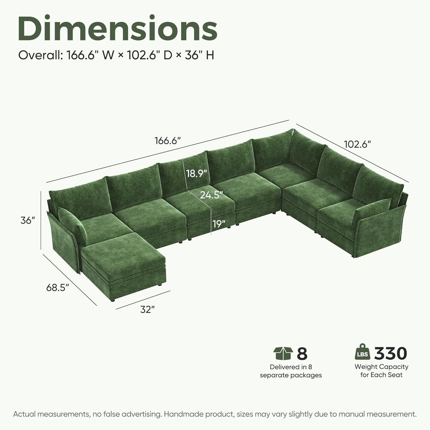 166.6" Oversized Modular Sectional Sofa, U Shaped Convertible Couch with Movable Ottoman, Large 8 Seat Corner Couches for Living Room Deep Seat Green Chenille