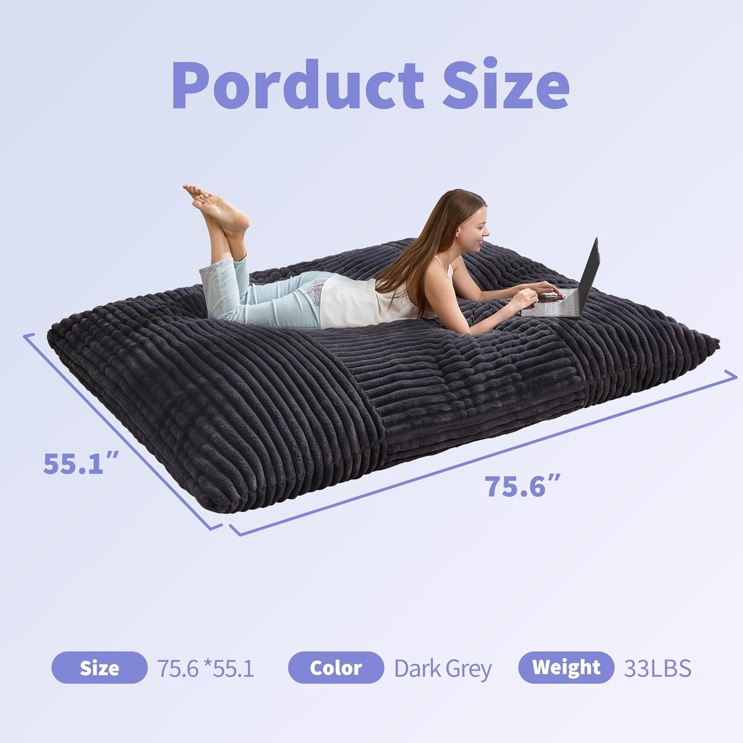 Hobestluk 3 in 1 Bean Bag Chair Giant Bean Bag Chairs Convertible Bean Bag Floor Cushion with Machine Washable Cover, Beanbag Chairs for Adult (Dark Grey)