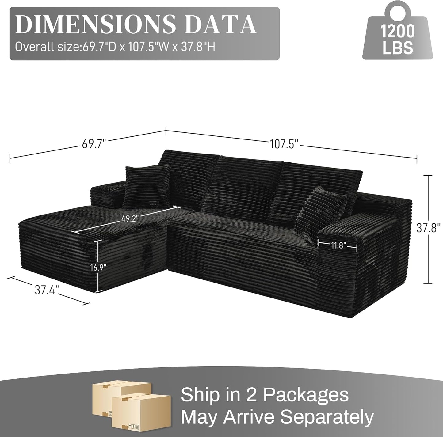 Modular Sectional Sofa Cloud Sectional Couch, 107" Comfy Fluffy L Shaped Black Couches for Living Room, Deep Seat Memory Foam Plush Corduroy Boneless Couch Sectionals with Left Facing Chaise Sofa