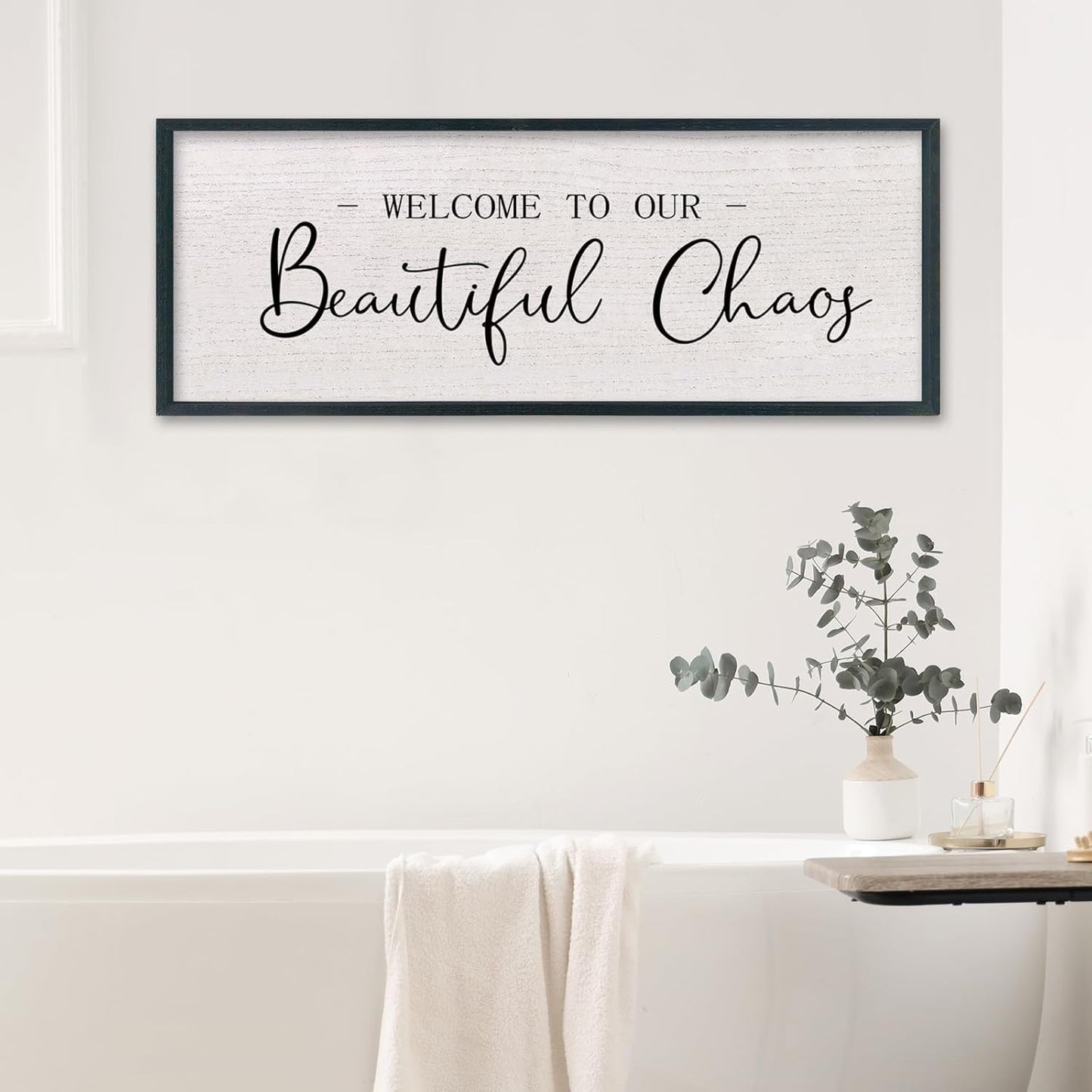 comurdyo Welcome To Our Beautiful Chaos Wall Decor Art 32"X12" for Home Entryway Sign Large Wood Framed Wall Hanging (Black)