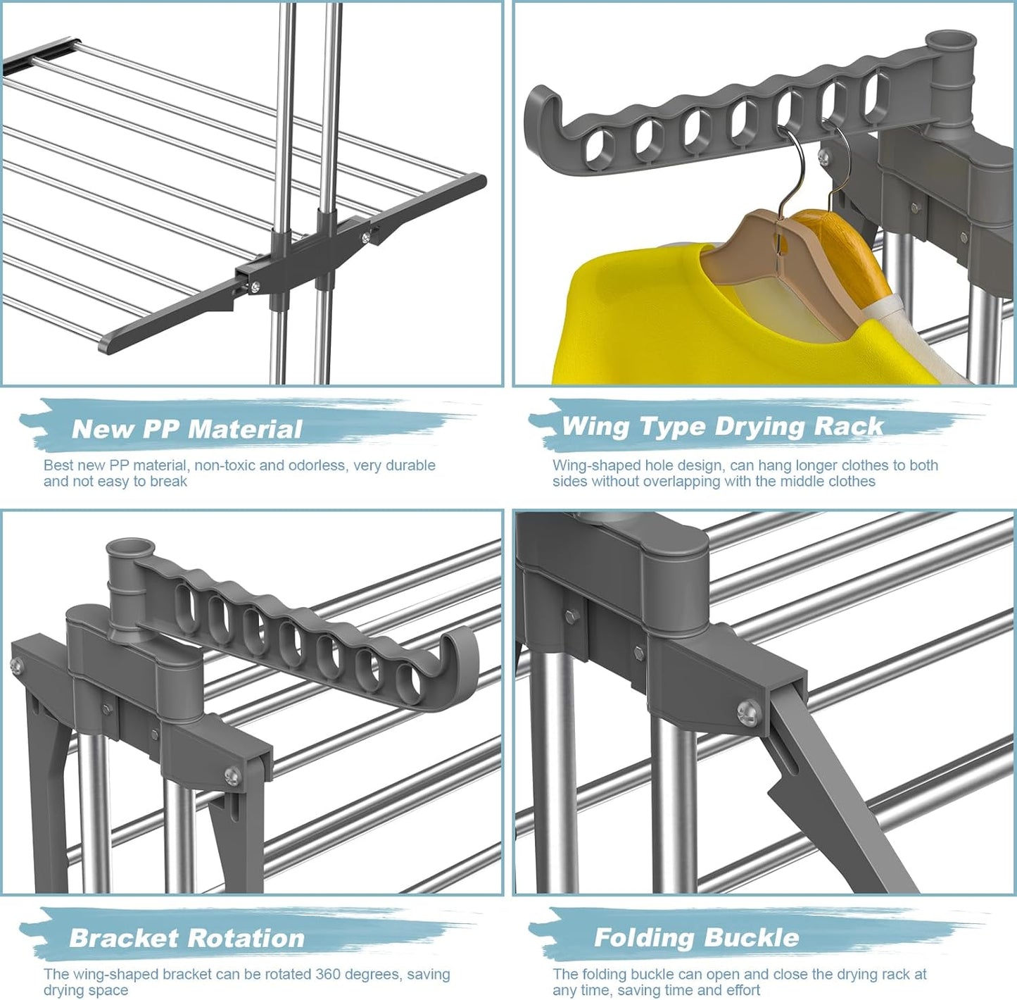 Bigzzia 3 Tier Clothes Drying Rack, 57 Inch Laundry Drying Rack, Foldable Stainless Steel Kids Clothing Rack, Movable Laundry Rack for Indoor Outdoor - Grey
