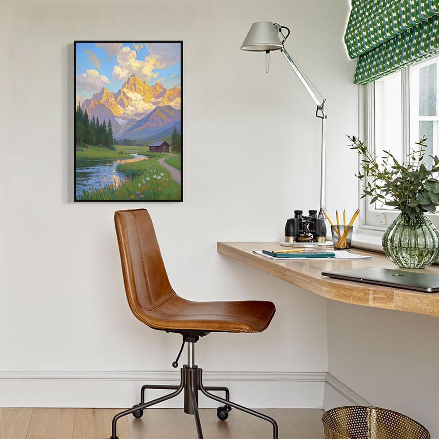 The mountain stream and lawn scenery under the sun is suitable for posting in the living room bedroom office landscape poster wall painting