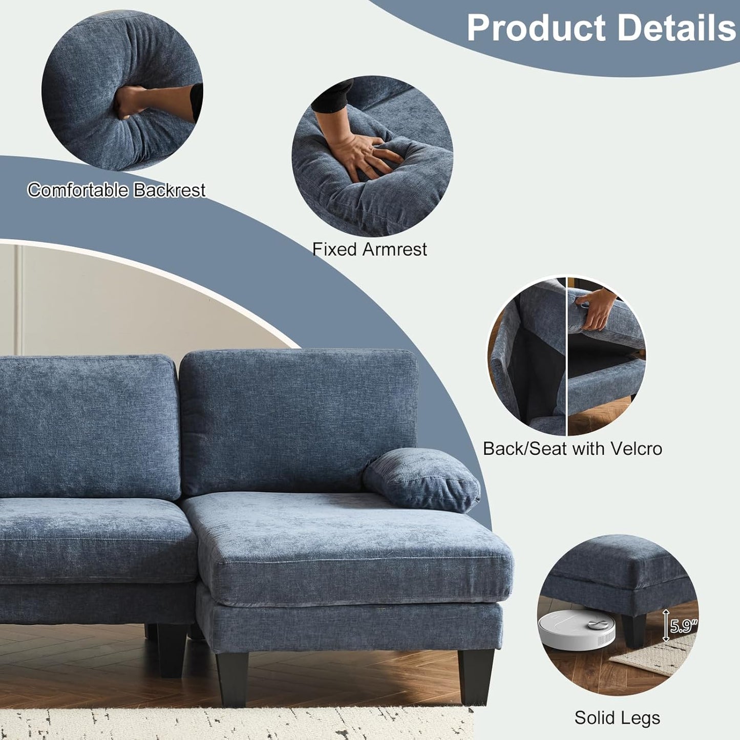 Karl home U-Shape Sectional Sofa Couch 111" Modern 4-Seat Sofa with Chaises Chenille Fabric Upholstered Covertible Couch with Wood Grain Legs for Living Room, Reception Room, Apartment, Navy Blue