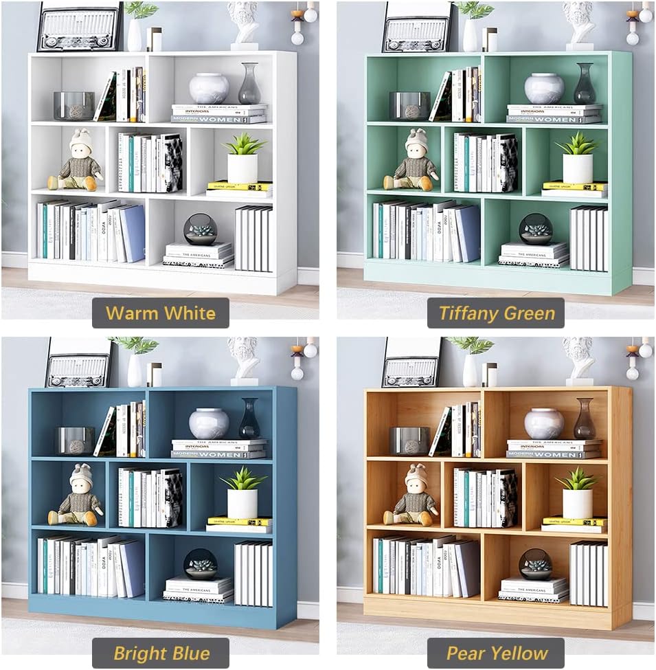 IOTXY Open Shelf Low Bookcase - Wooden 3-Tier Floor Standing Display Cabinet Organizer with Base, 7 Cubes Short Horizontal Bookshelf in Pear Yellow