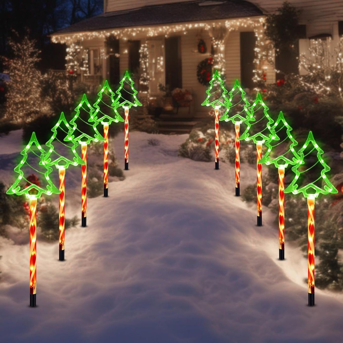 Christmas Solar Pathway Lights Outdoor Decorations， 8 Modes Xmas Tree Candy Lights Waterproof Led Garden Stake Light for Walkway Yard Lawn Porch Holiday Decor 10-Pack (Red Tube Tree, 10 Pack)
