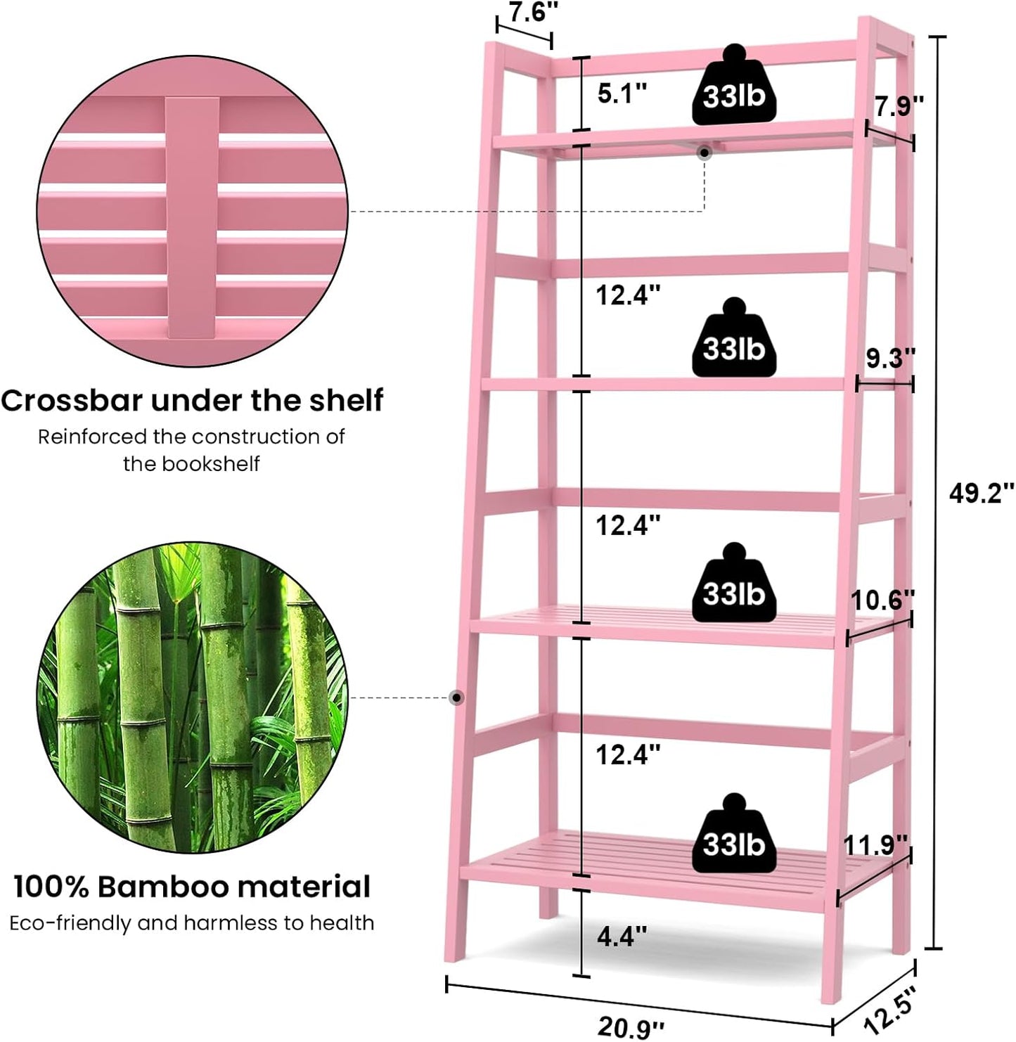 Homykic Bamboo Ladder Bookshelf, 4-Tier Ladder Shelf Open Book Shelf Freestanding Bookcase Bathroom Storage Rack Plant Stand for Living Room, Bedroom, Office, Easy Assembly, Pink
