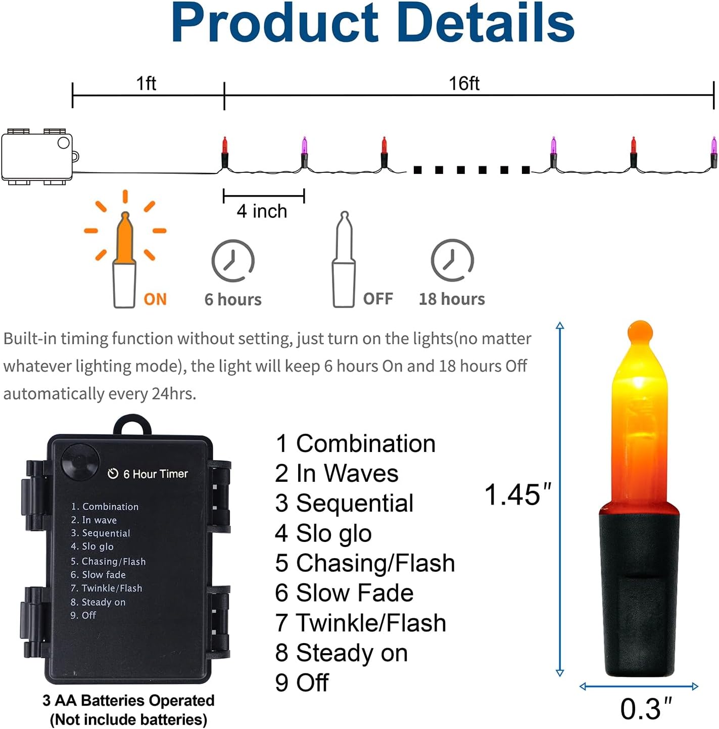 WATERGLIDE 50 LED Outdoor Halloween Lights, 16 FT Mini String Light with 8 Modes, Waterproof Battery Operated Tree Lights for Indoor Outdoor Patio Garden Party Wedding Decoration, Orange & Purple