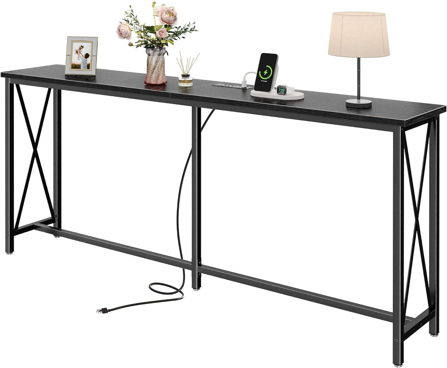 SUPERJARE 70 Inch Console Table with Outlets and USB-C Port, Extra Long Behind Couch Sofa Table with X-Shaped Design, Narrow for Entryway, Living Room, Metal Frame, Wooden Top, Black