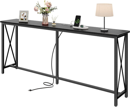 SUPERJARE 70 Inch Console Table with Outlets and USB-C Port, Extra Long Behind Couch Sofa Table with X-Shaped Design, Narrow for Entryway, Living Room, Metal Frame, Wooden Top, Black