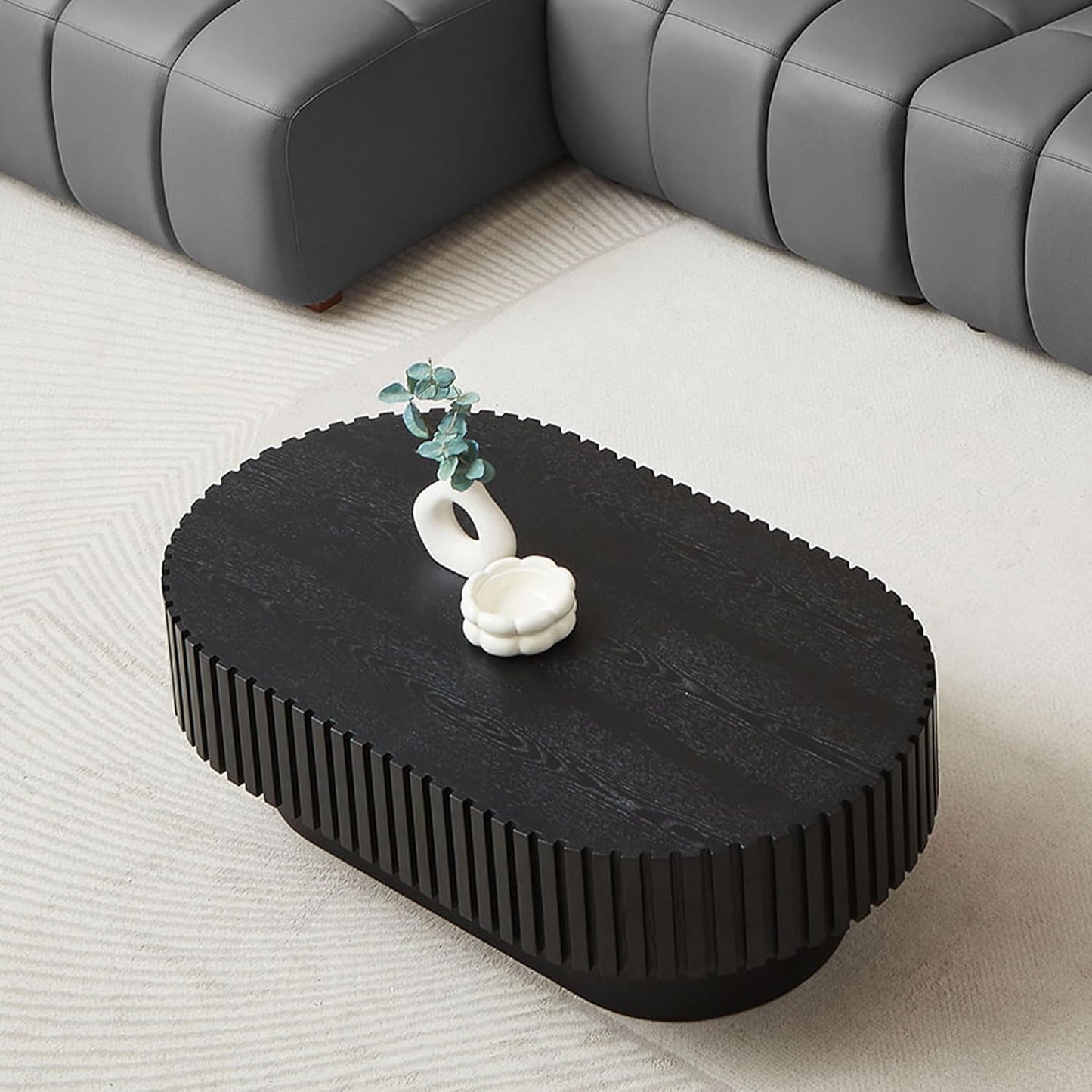 43.7" Oval Coffee Table for Living Room,Modern Handcraft Drum Coffee TableSmall Wooden Coffee Table with Sturdy Pedestal Easy Assembly for Office-Black