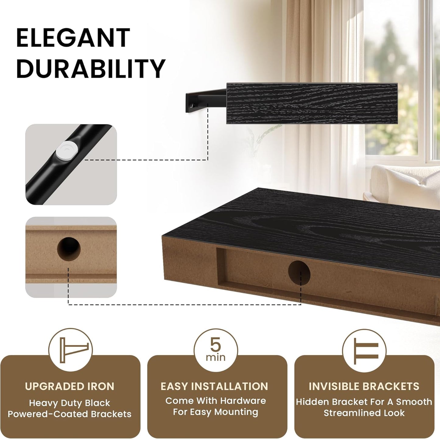 Square Floating Shelves for Wall, 10" W x 10" D x 1.2" H, Small Wooden Wall Mounted Display Shelves with Invisible Brackets for Living Room, Bedroom, Bathroom, Kitchen Decor, Set of 4, Black