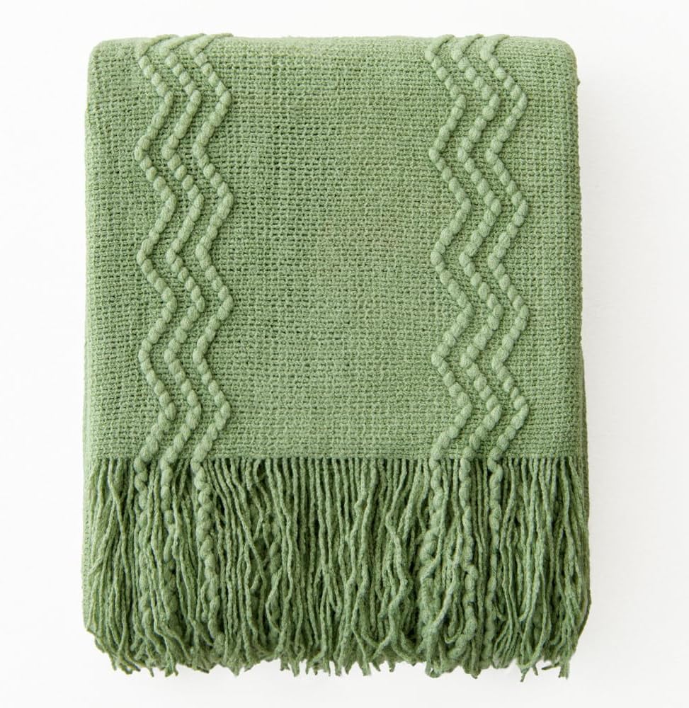 MIULEE Sage Green Knitted Throw Blanket for Couch Textured Spring Knit Blanket with Tassels Cozy Woven Boho Bed Blanket for Sofa Bed Chair Acrylic Wave Pattern 50"x60"