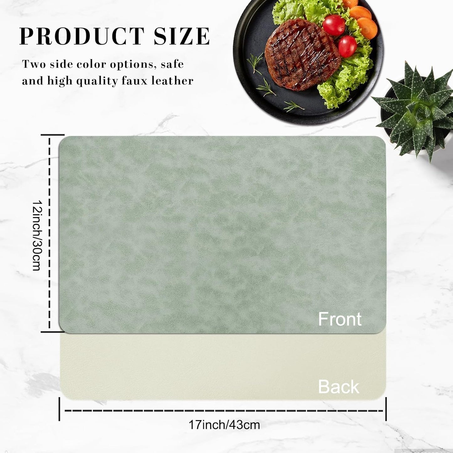 Faux Leather Placemats, Set of 4, 12''×17' Textures on Both Sides, Heat-Resistant, Waterproof and Oil-Proof, Reversible Place Mats for Kitchen, Dining Table, Outdoor - Green&White