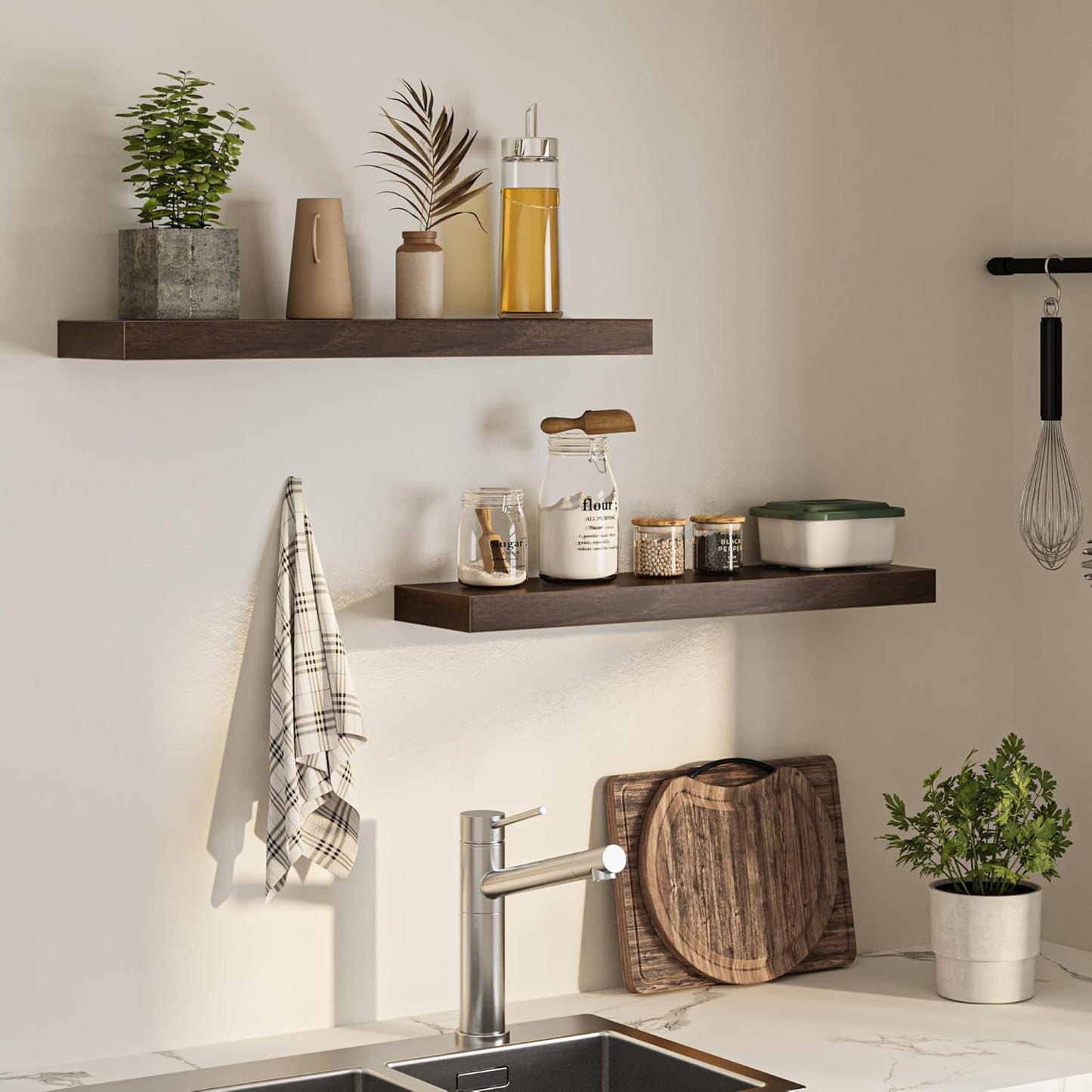 Floating Shelves for Wall, 31.5"W x 6.7"D x 1.5"H, Wooden Wall Mounted Display Shelves with Invisible Brackets for Living Room, Bedroom, Bathroom, Kitchen Decor and Storage, Set of 2, Walnut