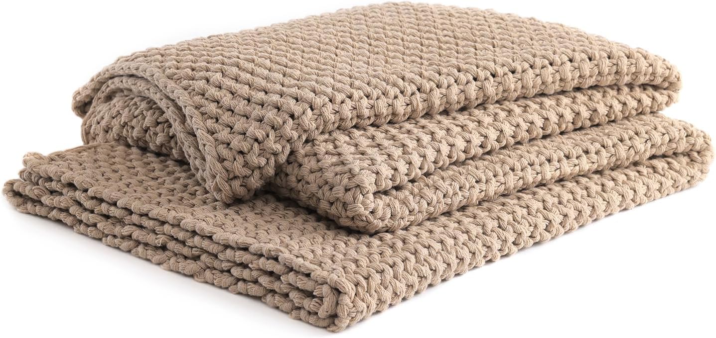 YnM Chunky Cotton Knit Throw Blanket, Cable Knit Throws for Bed Couch Sofa, Comfy & Relaxing, Decorative Piece for Farmhouse Modern Boho Rustic Scandinavian Chic Vibe, Beige 80x87 Inches