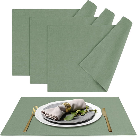 MANSPHIL Sage Green Cloth Placemats Set of 4, Washable Thick Faux Linen Place Mats Heat Resistant Double Layer Table Mats for Dining Kitchen Indoor Outdoor Use - 13x19 Inch