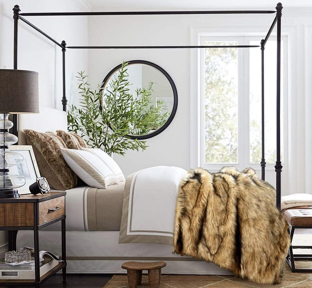 Luxury Plush Faux Fur Throw Blanket, Long Pile Golden Yellow with Black Tipped Blanket, Super Warm, Fuzzy, Elegant, Fluffy Decoration Blanket Scarf for Sofa, Armchair, Couch and Bed, 60''x 80''