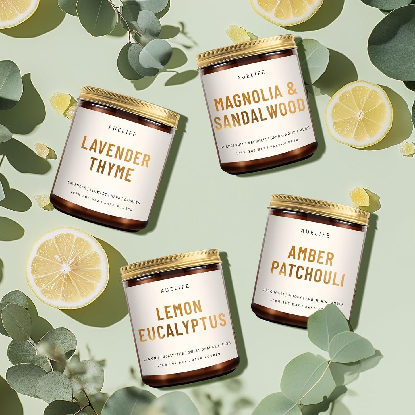 4 Pack Scented Candles Set | Scented Candles for Home, Candle Gifts for Women Men, Soy Candle for Home, Aromatherapy Gift of Amber Patchouli/Lemon Eucalyptus/Lavender/Sandalwood