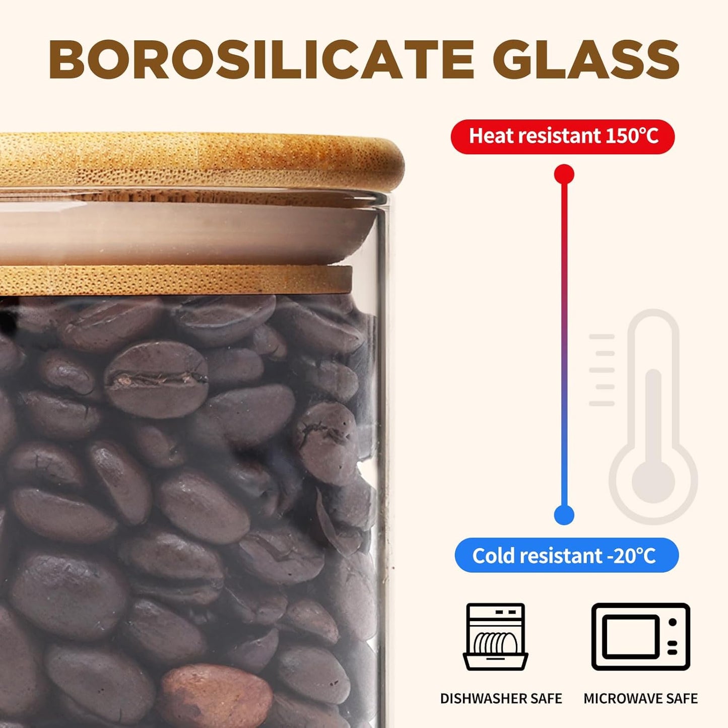 53oz Glass Food Storage Jars, Glass Jars with Bamboo Lids, Kitchen Storage Jars, Set of 4, Canisters with Airtight Lids for Spice, Coffee, Cookie, Pantry Organizers