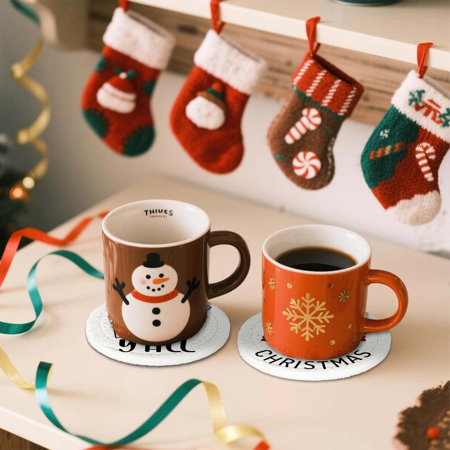 Whaline Merry Christmas Cotton Coasters Xmas Plaid Tree Gnome Handmade Braided Drink Coasters Absorbent Cup Mats for Christmas Holiday Party Home Table Decor, Set of 4