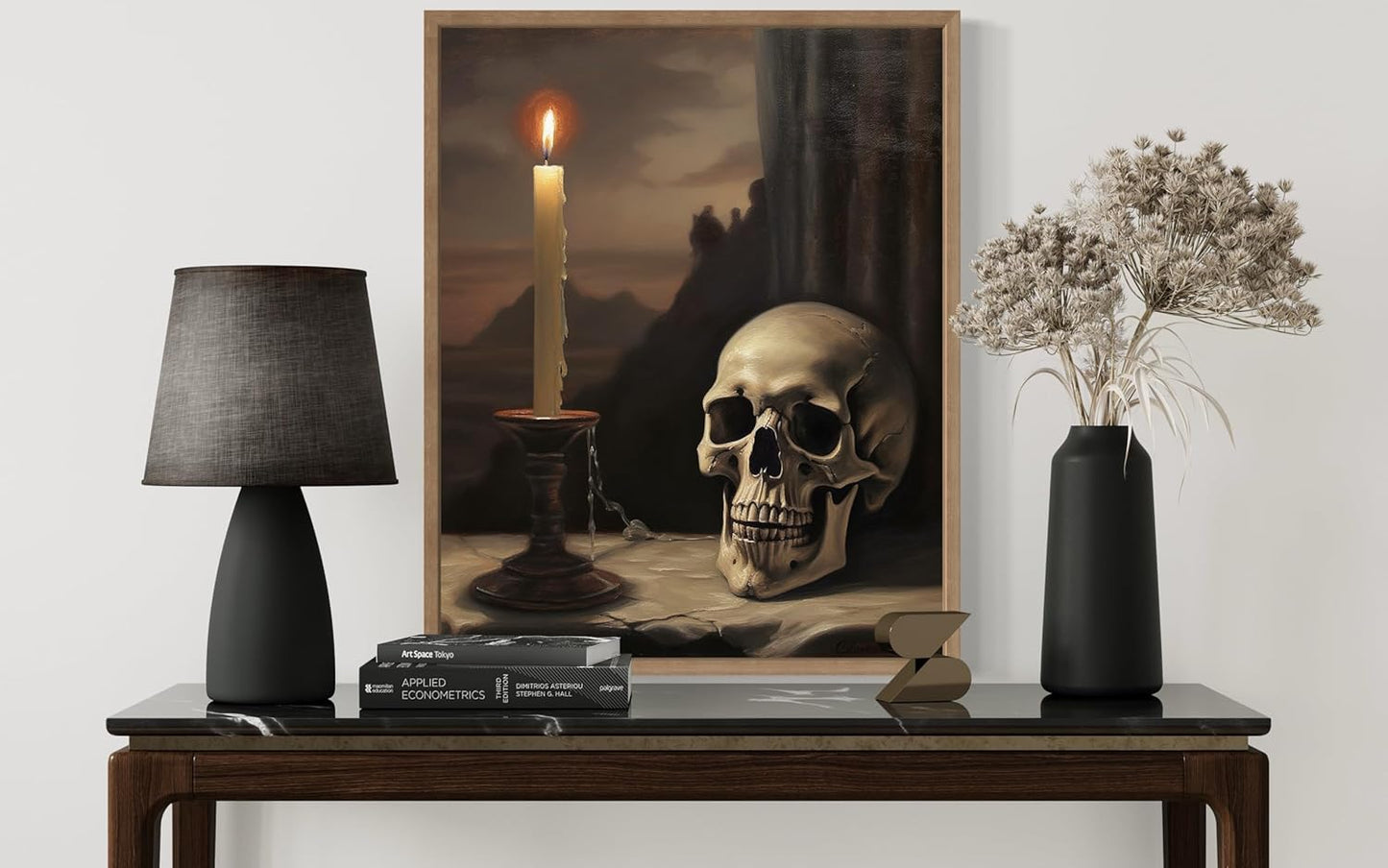 Skull and Candle Poster Art Print, Halloween Scary Vintage Wall Art Academia Spooky Painting Decoration for Horror Prints, Gothic Posters Bedroom Decor 89 (Skull and Candle, 16 x 20 inches, Wood Frame)