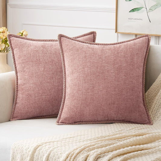 MIULEE Pack of 2 Couch Throw Pillow Covers 18x18 Inch Blush Pink Farmhouse Decorative Pillow Covers with Stitched Edge Soft Chenille Solid Dyed Spring Pillow Covers for Sofa Bed Living Room