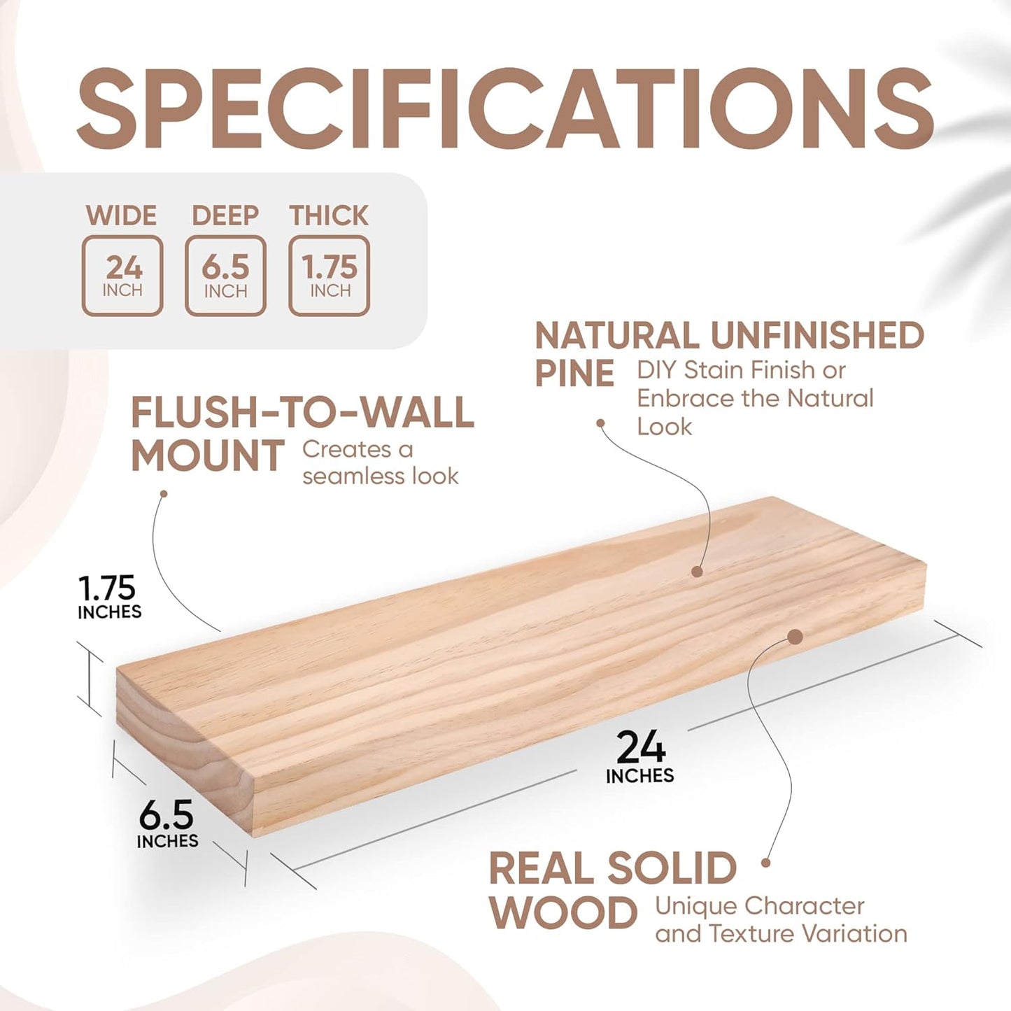 Homeforia 24 inch Wood Floating Shelves, High End Solid Natural Wood 24inch Floating Shelf for Wall, Unfinished Wooden 24 inches Floating Shelves, Heavy Duty Bracket, 24 X 6.5 X 1.75 in, Set of 3