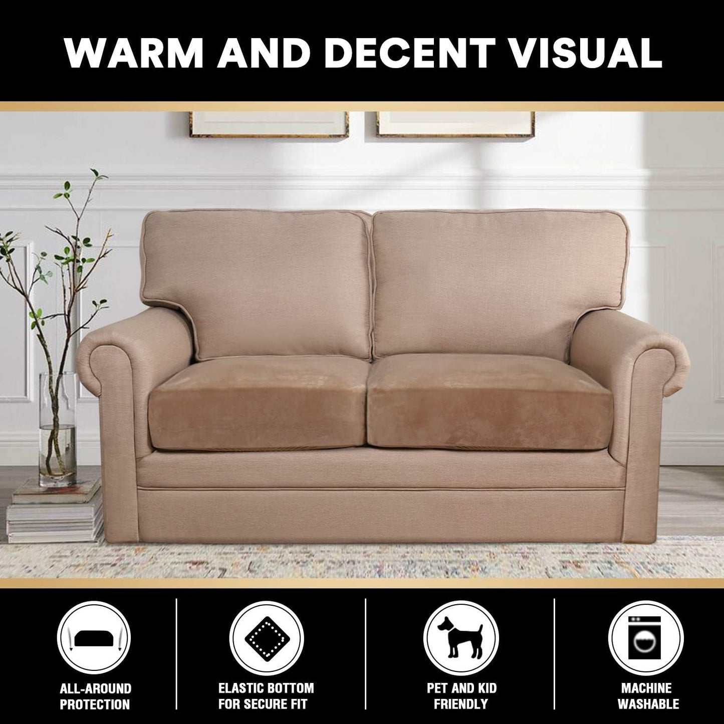 PrinceDeco Stretch Velvet Couch Cushion Covers, Soft Cushion Slipcover for Chair Loveseat Sofa Cushion Furniture Protector Seat Cushion Sofa Cover (Each Width Up to 29.5", Camel)