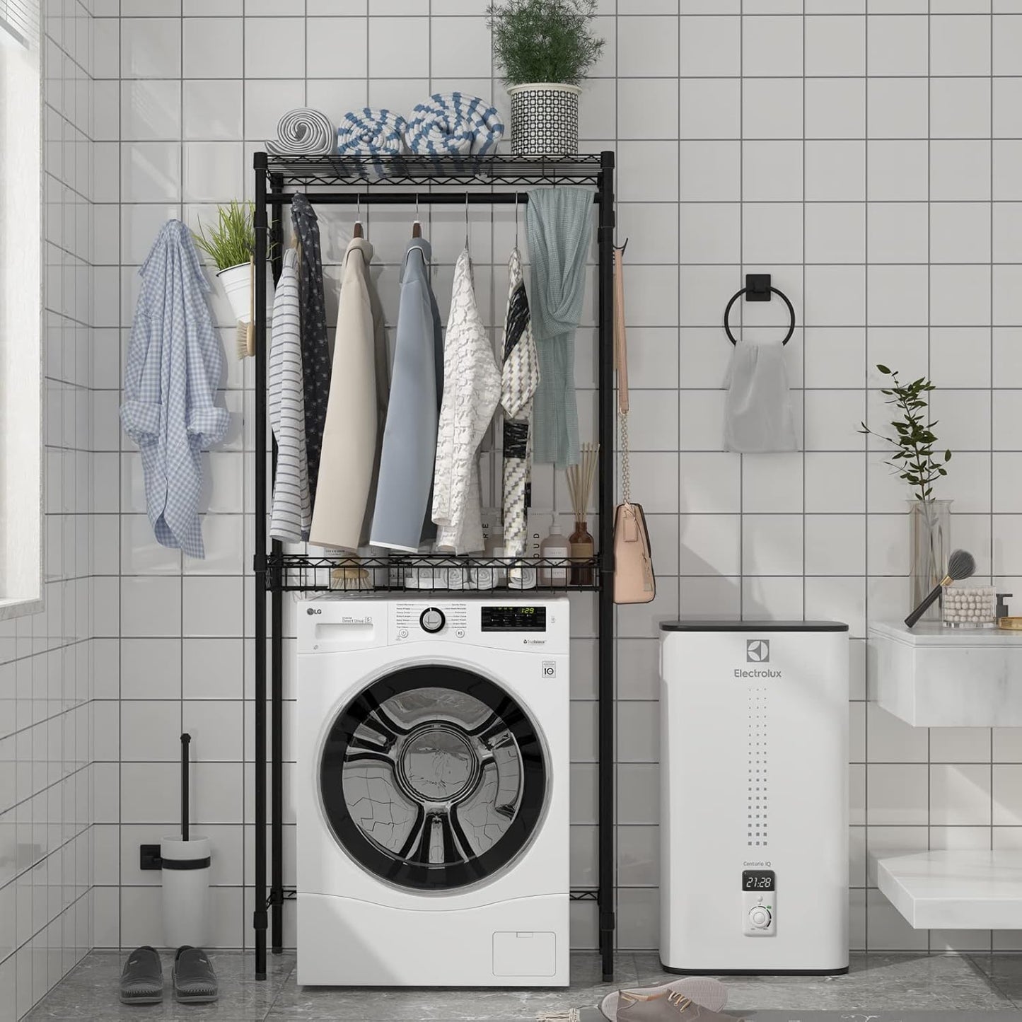 Xiofio Washer and Dryer Storage Shelf,Clothes Drying Rack,2 Tier Adjustable Height Storage Wire Basket with 2 Side Hook Laundry Shelves Used for Bathroom, Bedroom,Balcony,Black