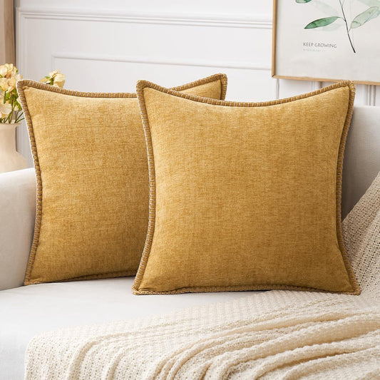 MIULEE Pack of 2 Couch Throw Pillow Covers 18x18 Inch Gold Farmhouse Decorative Pillow Covers with Stitched Edge Soft Chenille Solid Dyed Fall Pillow Covers for Sofa Bed Living Room
