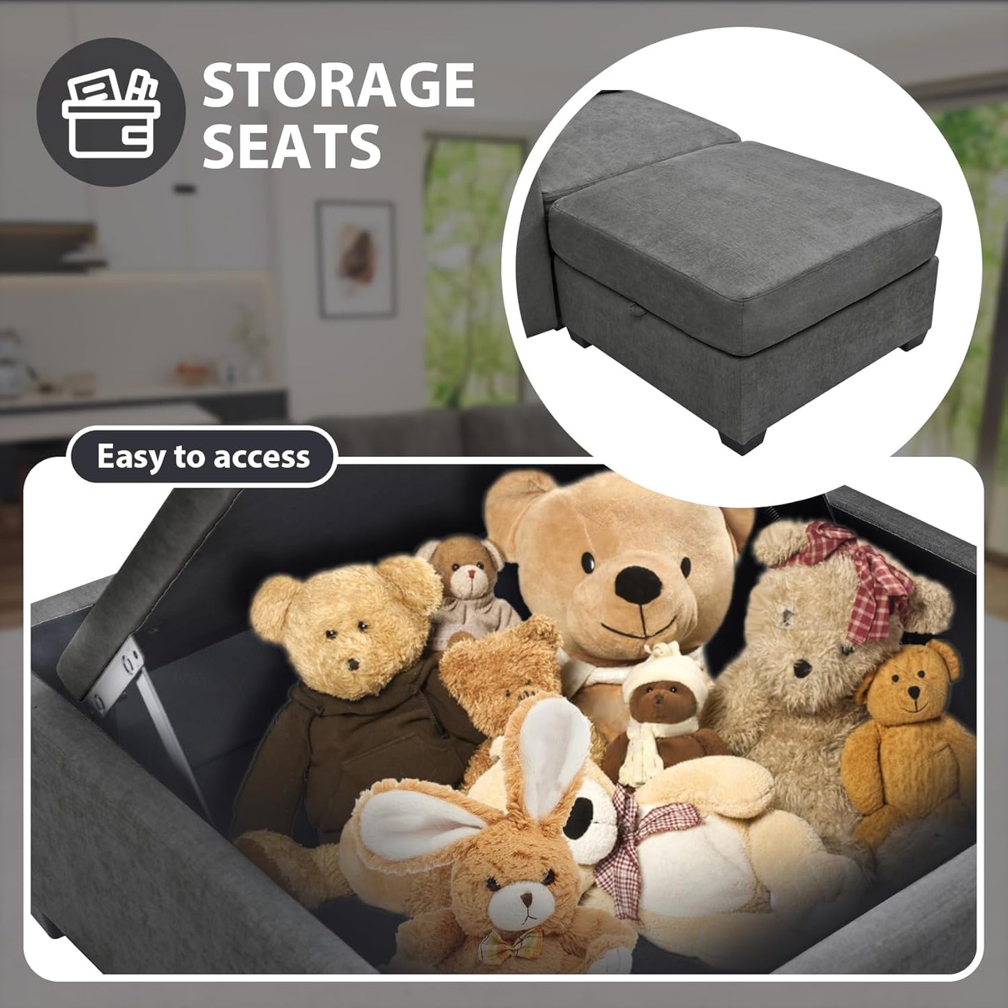 mestyl Modular Sectional Sofa Convertible Sofa Couch Set with Storage for Living Room, Modern 3 Seater Modular Sectional Couch (Grey)