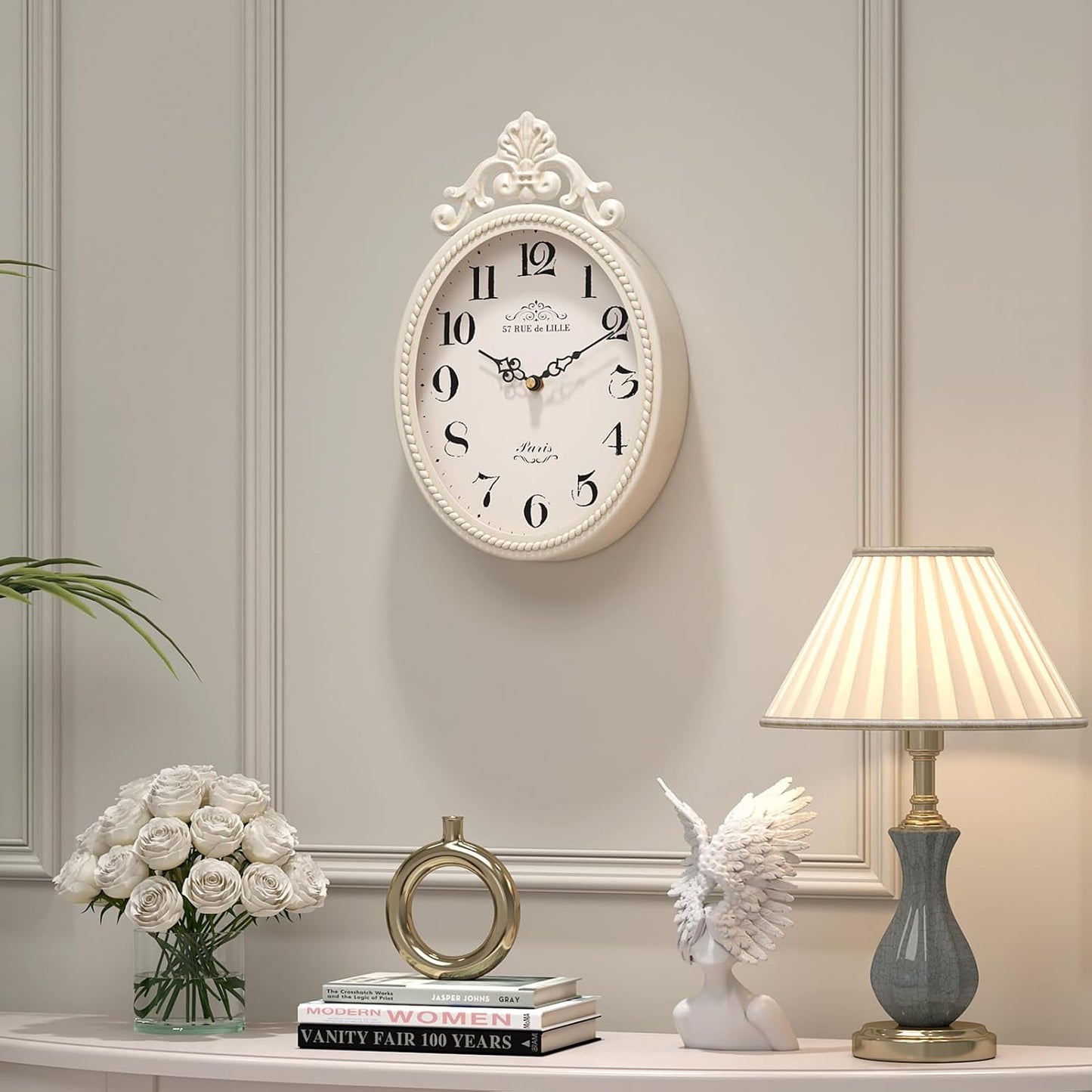 Abdurey Small French Retro Decorative Wall Clock, Ivory White Vintage Oval Style,Silent Battery Operated Boho Decor Wall Clocks for Farmhouse,Kitchen,Bedroom,Bathroom(10.4" H x 6.7" W)