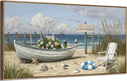 amatop Giant Framed Beach Wall Art Large Nautical Seaside Canvas Print Flower Boat Ocean Horizontal Landscape Picture Sea Birds Artwork for Coastal Farmhouse Living Room Bedroom Office Decor 58×29 Inch