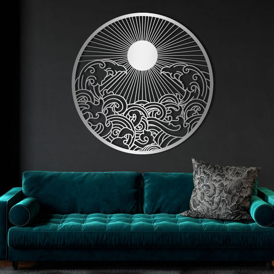 Metal Sun Wall Decor Outdoor, Sunrise Metal Wall Art, Metal Wave Wall Art, Sunrise and Wave Wall Decor, Sunburst Wall Art, Sunset Wall Art, Wall Hangings for Bedroom (Silver, 39x39in|100x100cm)
