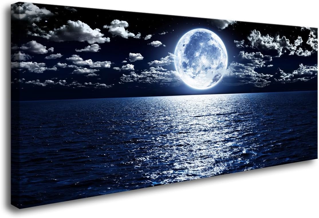 Cao Gen Decor Art S06975 Wall Art Canvas Prints Moon Sea Ocean Landscape 1 Panels Full Moon in Cloud Pictures Paintings Stretched and Framed for Living Room Bedroom Kicthen Office Artwork 30x60inch