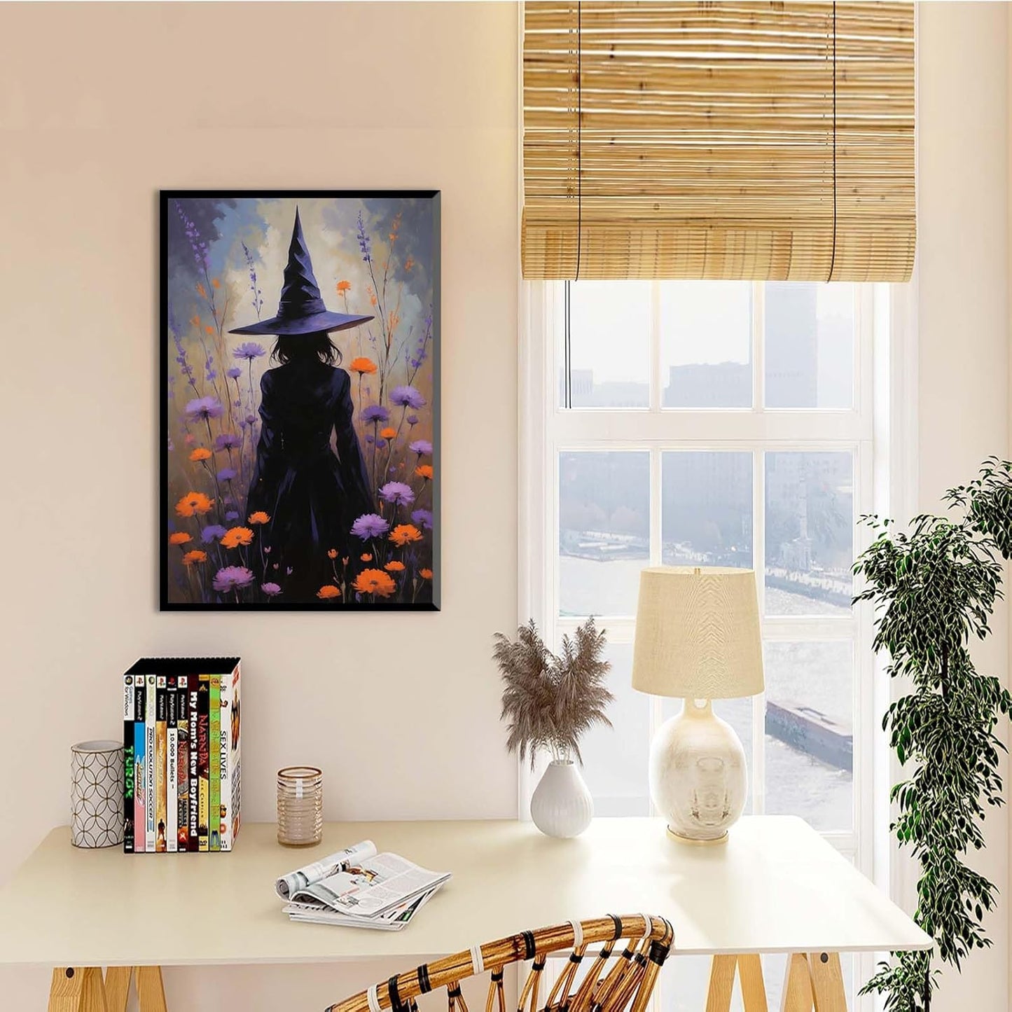 JFHCQJPK Country wildflower witch canvas print halloween mashup art witch purple decoration bohemian elegant art poster20x30in Metal blackFramed