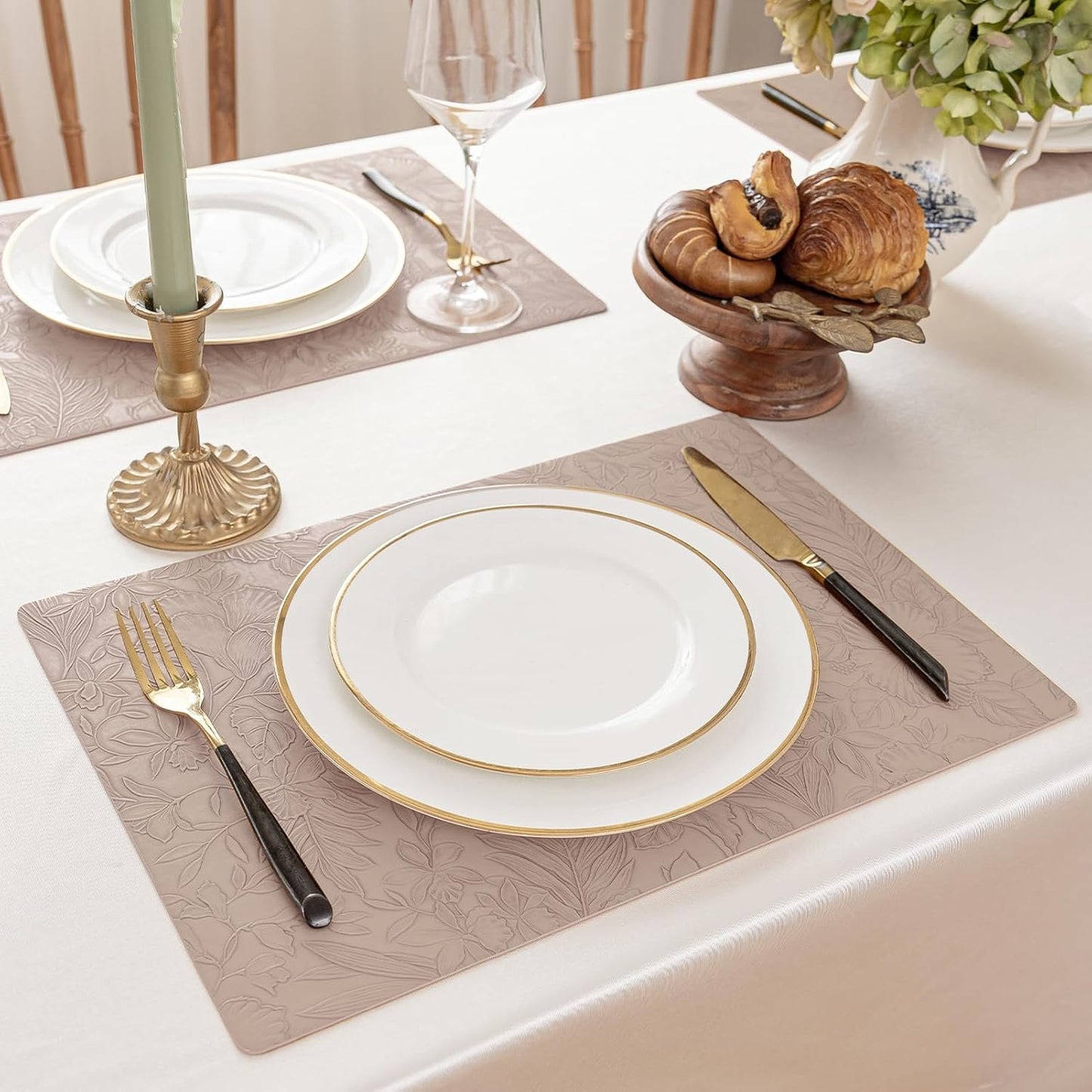 Romanstile Vinyl Placemats Set of 8-12 X 18 Inch - Heat Resistant Non-Slip Embossed Floral Place Mats 100% Waterproof Oilproof Wipeable Faux Leather Table Mats for Kitchen/Dining/Party, Khaki