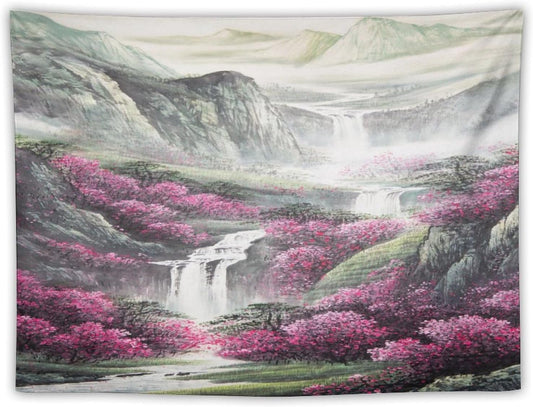 Japanese Tapestry, Red Plum Blossom Mountain Tapestry, Asian Japanese Wall Tapestry, Nature Landscape Tapestries for Bedroom Living Room Decor 90"x60"