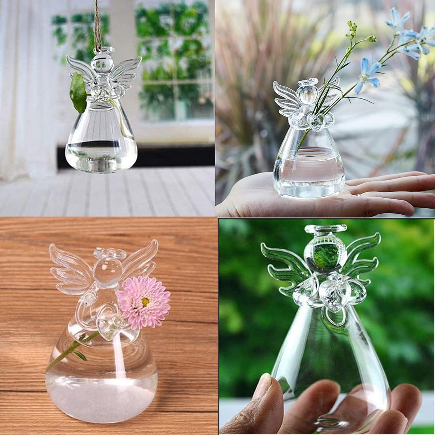 Angel Design Glass Vases Clear Flower Plant Terrarium Container Hanging Vase Wedding Decor Garden Ornaments Hanging Planter (Pack of 8)