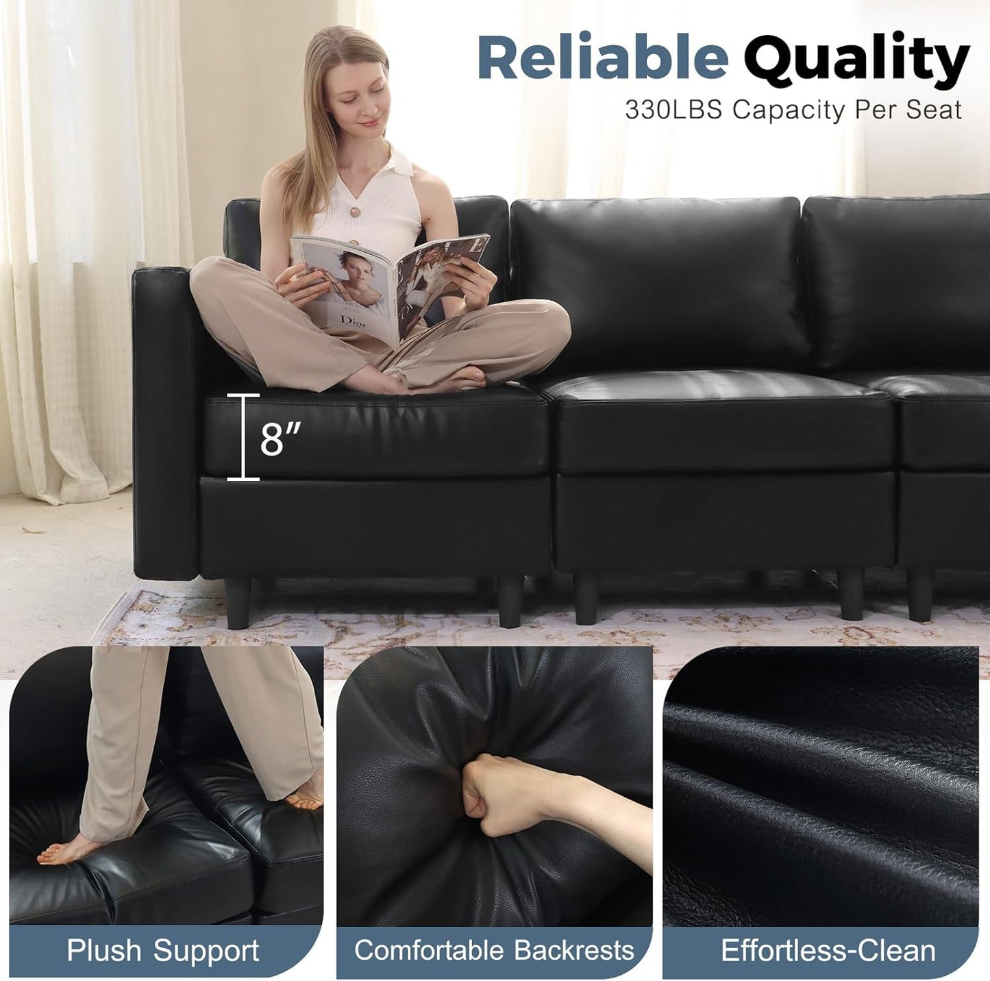 91.5" Faux Leather U Shaped Modular Sectional Sofa, 5 Seater Couch with Movable Ottoman Deep Seat and Storage Seat with Removable Cover for Living Room, Apartment - Black