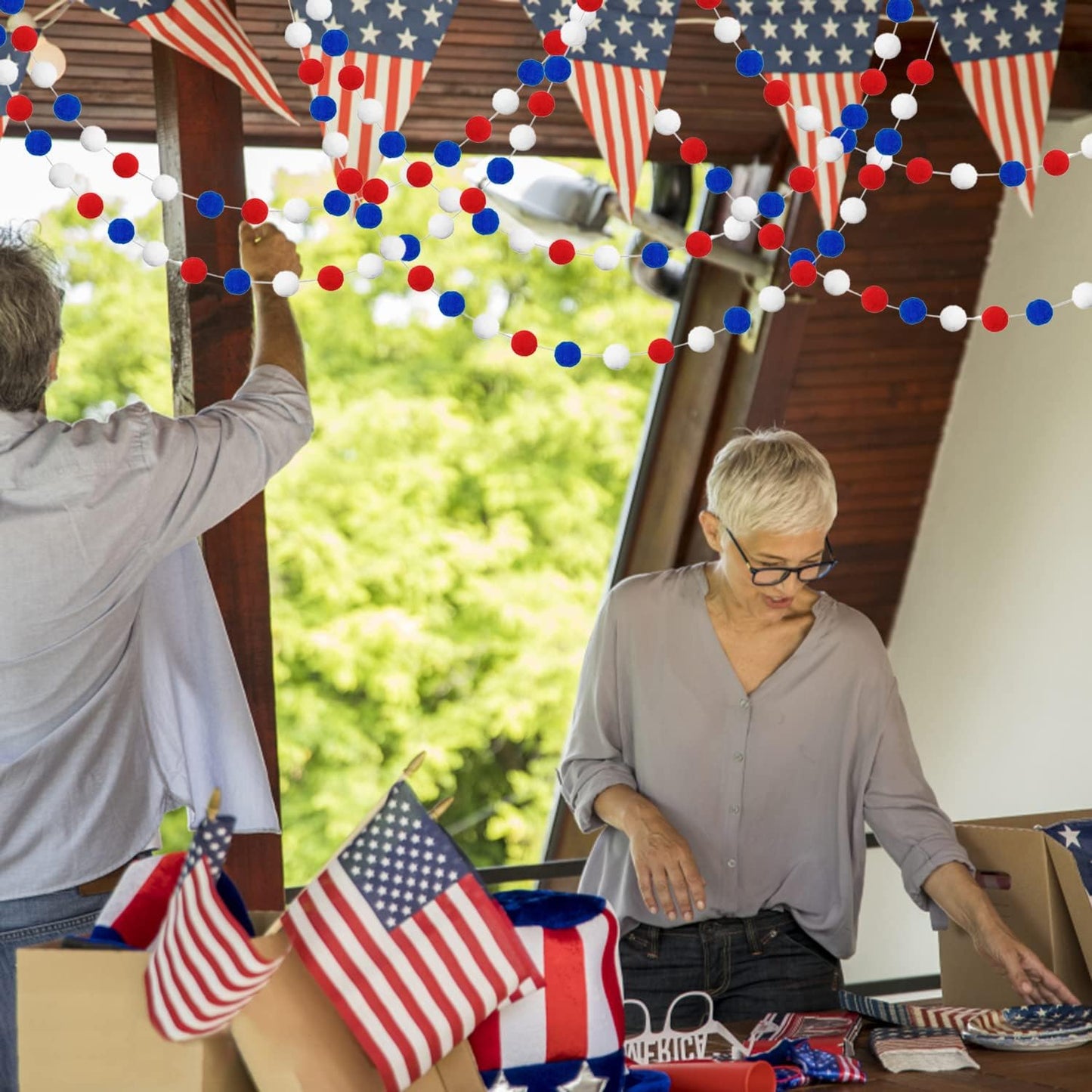 Jishi Pom Pom Garland 4th of July Decorations, Patriotic Red White Blue Felt Ball Garland, 3-Pack 6.6ft Long 24 Cute Pompom Balls String, Christmas Tree Decor Ornaments for Home Birthday Holiday Party